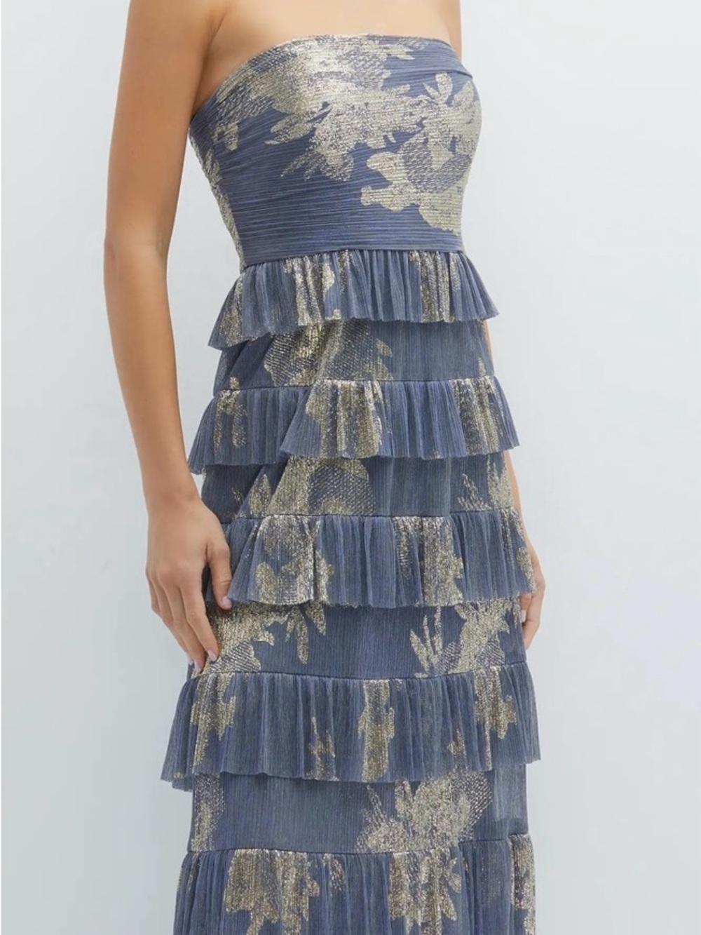 After Six Blue Strapless Tiered Maxi Skirt with Gold Floral Accents